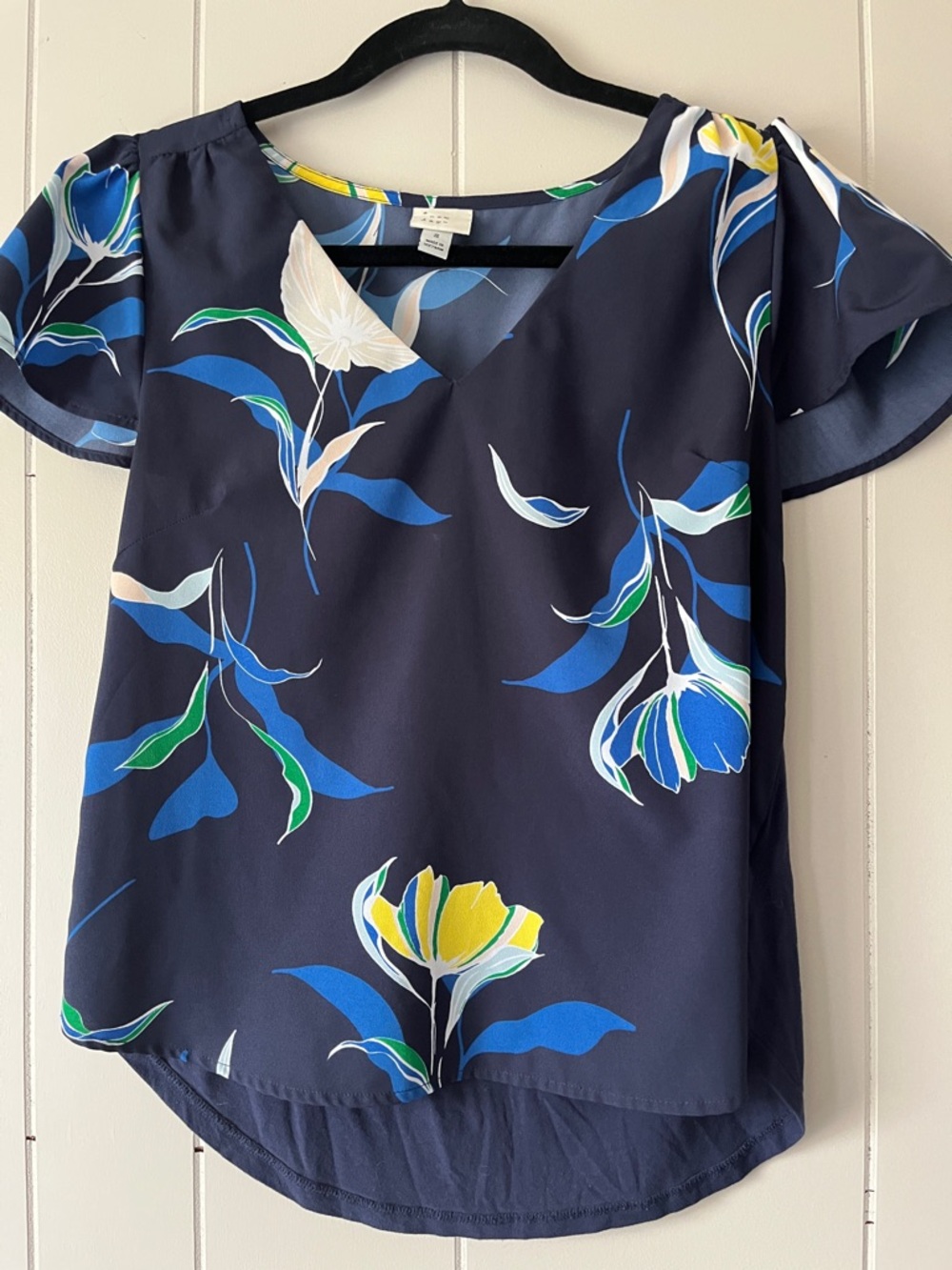 Navy Floral Flutter Sleeve Blouse - Blue & Yellow Print